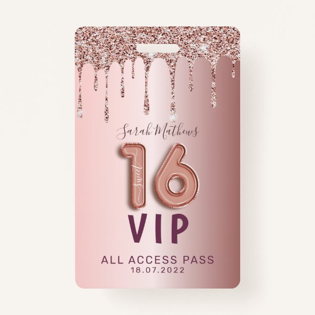 Sweet 16 Rose Gold Glitter Birthday Invitation  Badge (Front)