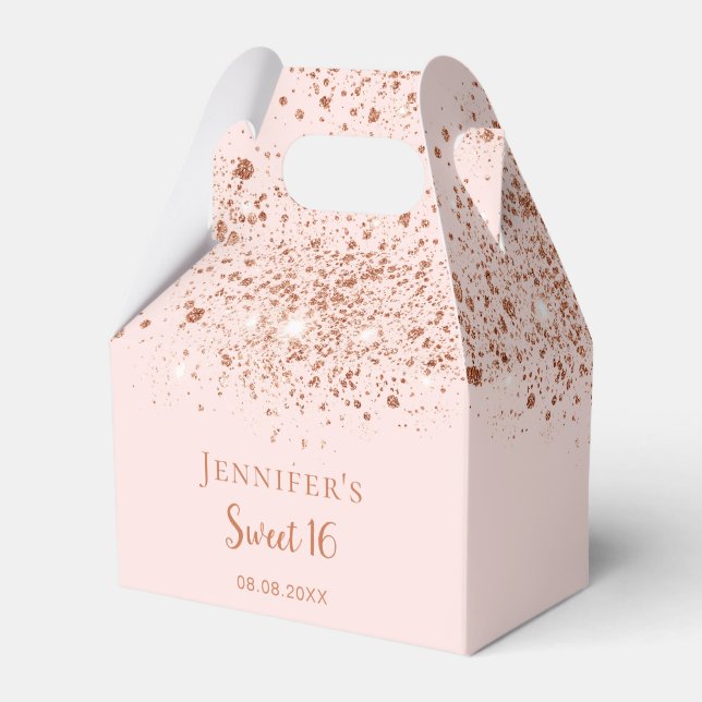 Sweet 16 rose gold glitter blush pink thank you favor boxes (Front Side)
