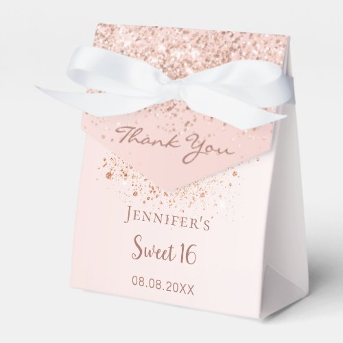 Sweet 16 rose gold glitter blush pink thank you favor boxes