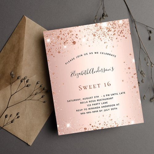 Sweet 16 rose gold glitter budget invitation