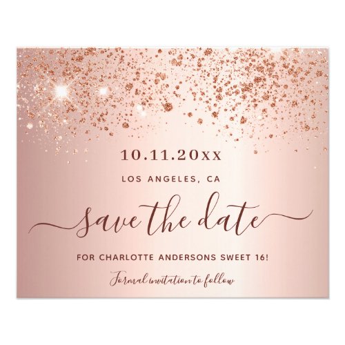 Sweet 16 rose gold glitter budget Save the Date Flyer