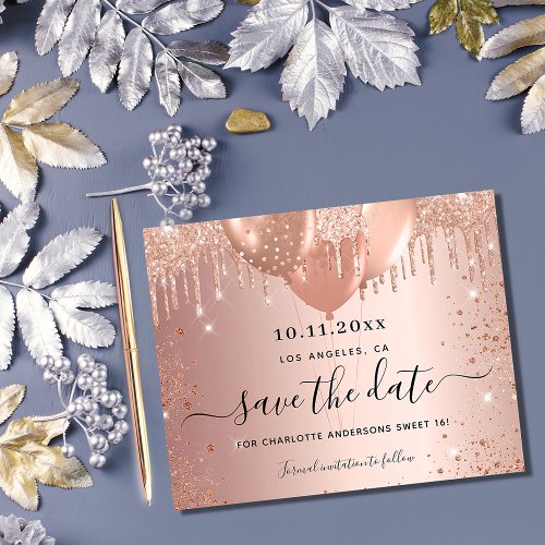 Sweet 16 rose gold glitter budget save the date flyer