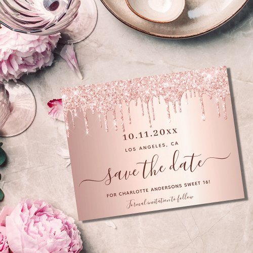 Sweet 16 rose gold glitter budget Save the Date Flyer