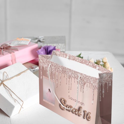 Sweet 16 rose gold glitter custom photo pink 16th large gift bag