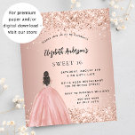 Sweet 16 rose gold glitter dress budget invitation<br><div class="desc">A modern, stylish and glamorous invitation for a Sweet 16, 16th birthday party. A rose gold background with faux gold glitter dust, a girl wearing a ball gown. The name is written with a modern hand lettered style script. Personalize and add your party details. 1 sheet = 1 invitation printed...</div>