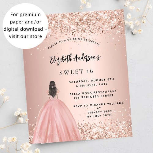 Sweet 16 rose gold glitter dress budget invitation flyer