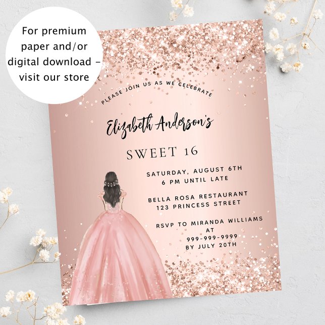 Sweet 16 rose gold glitter dress budget invitation flyer (Creator Uploaded)