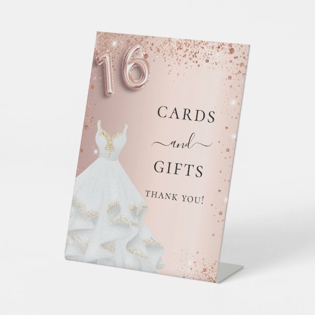 Sweet 16 rose gold glitter dress cards gifts pedestal sign (Front)