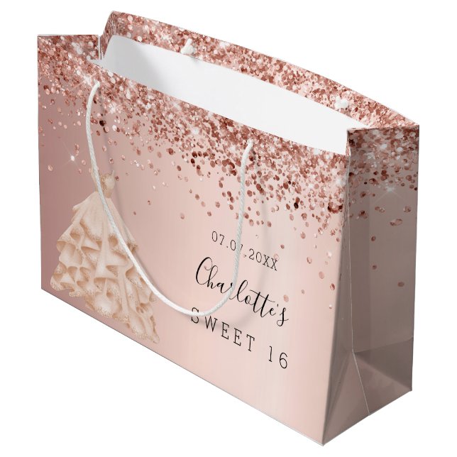 Sweet 16 rose gold glitter dress name large gift bag (Back Angled)