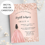 Sweet 16 rose gold glitter dress party invitation<br><div class="desc">A modern,  stylish and glamorous invitation for a Sweet 16,  16th birthday party.  A rose gold background with faux gold glitter dust,  a girl wearing a ball gown.  The name is written with a modern hand lettered style script.  Personalize and add your party details.</div>