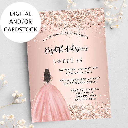Sweet 16 rose gold glitter dress party invitation