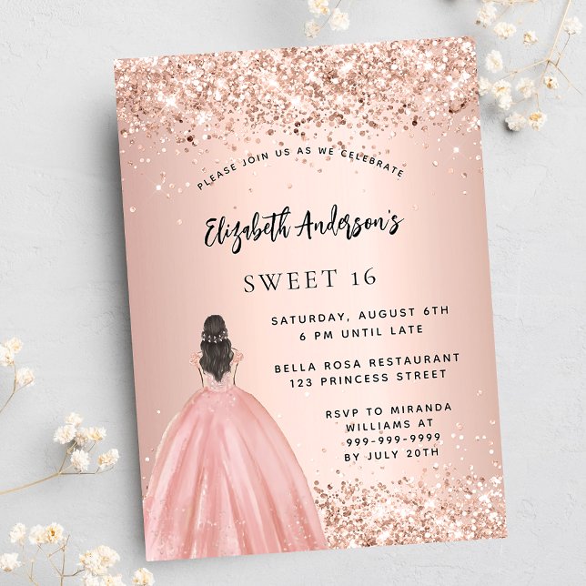 Sweet 16 rose gold glitter dress party invitation postcard (Creator Uploaded)