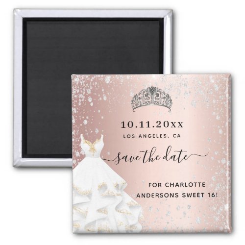 Sweet 16 rose gold glitter dress save the date magnet