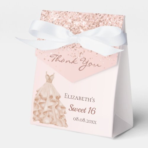 Sweet 16 rose gold glitter dress thank you party favor boxes