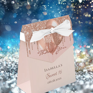 Sweet 16 rose gold glitter drip balloons thank you favor boxes