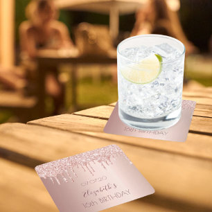 Sweet 16 rose gold glitter drips blush square paper coaster