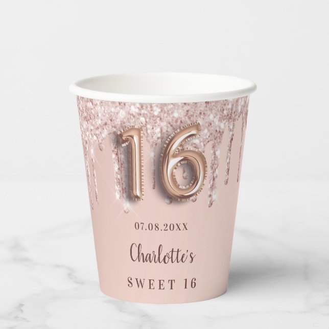 Sweet 16 rose gold glitter drips monogram paper cups (Front)