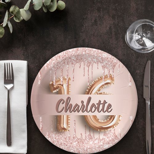 Sweet 16 rose gold glitter drips name paper plates