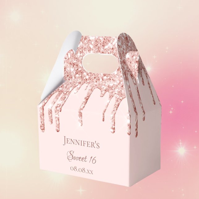 Sweet 16 rose gold glitter drips name party favor boxes (Creator Uploaded)