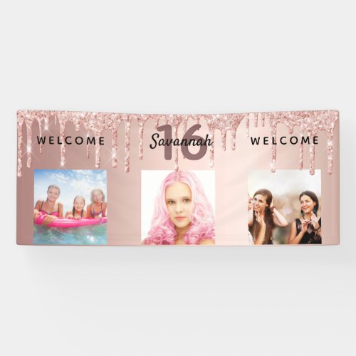 Sweet 16 rose gold glitter drips photo party banner