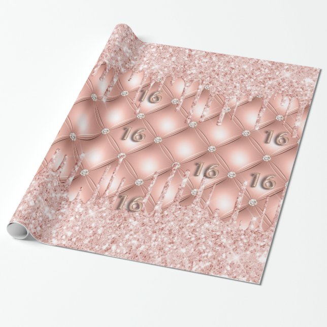 Sweet 16 rose gold glitter drips pink luxury  wrapping paper (Unrolled)