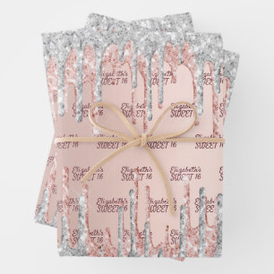 Sweet 16 rose gold glitter drips pink silver wrapping paper sheets