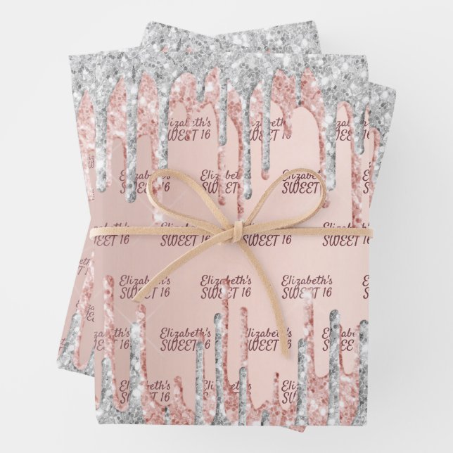 Sweet 16 rose gold glitter drips pink silver wrapping paper sheets (In situ)