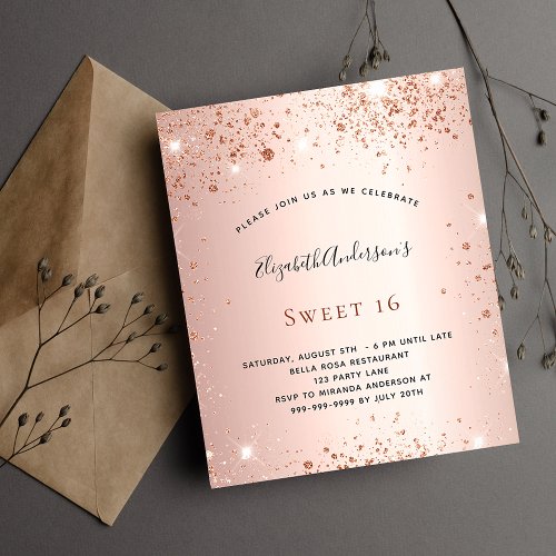 Sweet 16 rose gold glitter dust budget invitation flyer