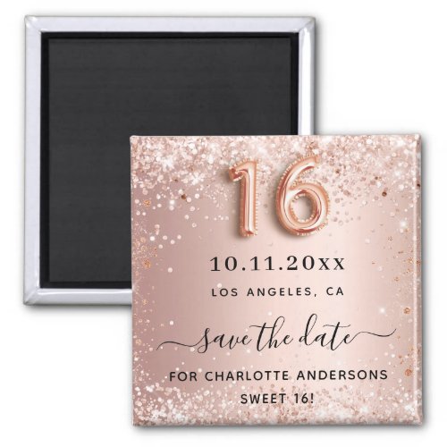 Sweet 16 rose gold glitter dust save the date magnet