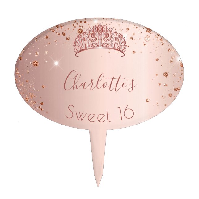 Sweet 16 rose gold glitter dust tiara name cake topper (Front)