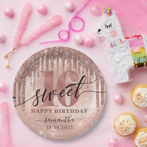 Sweet 16 Rose Gold Glitter  Foil  Paper Plates