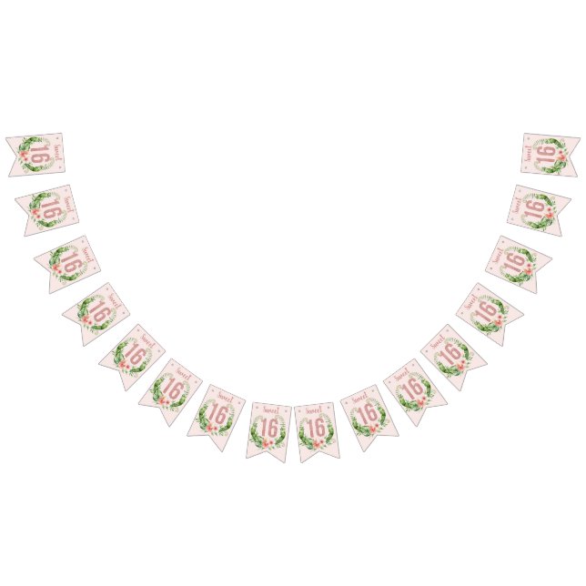 Sweet 16 Rose Gold Glitter Girly Floral Bunting Flags (All)