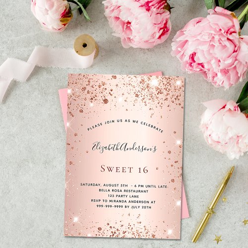 Sweet 16 rose gold glitter glamorous invitation