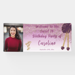 Sweet 16 Rose Gold Glitter, Heart Gems & Photo Banner