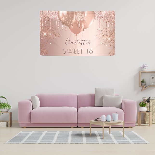Sweet 16 rose gold glitter monogram birthday banner (Creator Uploaded)