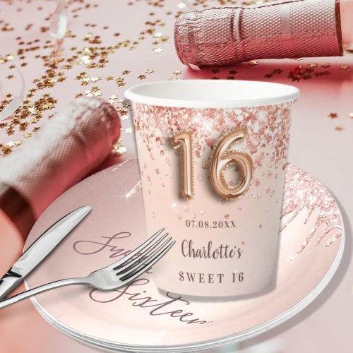 Sweet 16 rose gold glitter monogram name  paper cups