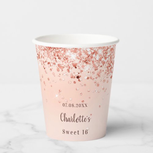 Sweet 16 rose gold glitter monogram name paper cups