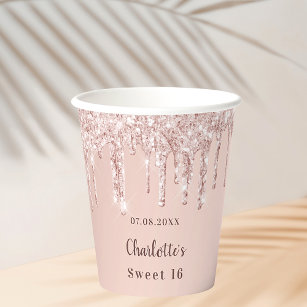 Sweet 16 rose gold glitter name 16th birthday paper cups