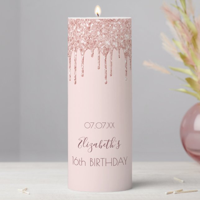 Sweet 16 rose gold glitter party pillar candle (In Situ)