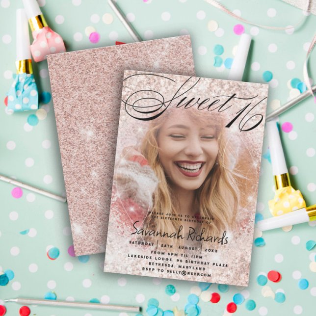Sweet 16 Rose Gold Glitter Photo Party Invitation (Creator Uploaded)