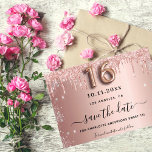 Sweet 16 rose gold glitter photo save the date<br><div class="desc">A modern and elegant Save the Date for a Sweet 16. Rose gold gradient background,  decorated with rose gold faux glitter drips.  Personalize and add a date and name. The text: Save the Date is written with a trendy hand lettered style script with swashes.</div>