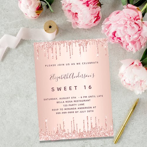 Sweet 16 rose gold glitter pink 16th birthday invitation
