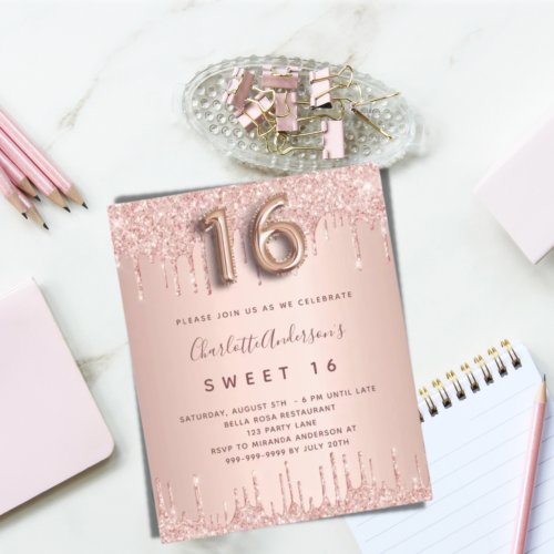 Sweet 16 rose gold glitter pink 16th birthday invitation postcard