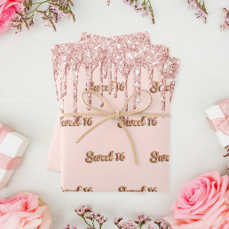 Sweet 16 rose gold glitter pink 16th birthday wrapping paper sheets