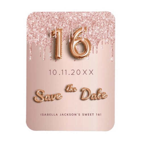 Sweet 16 rose gold glitter pink 16th save the date magnet
