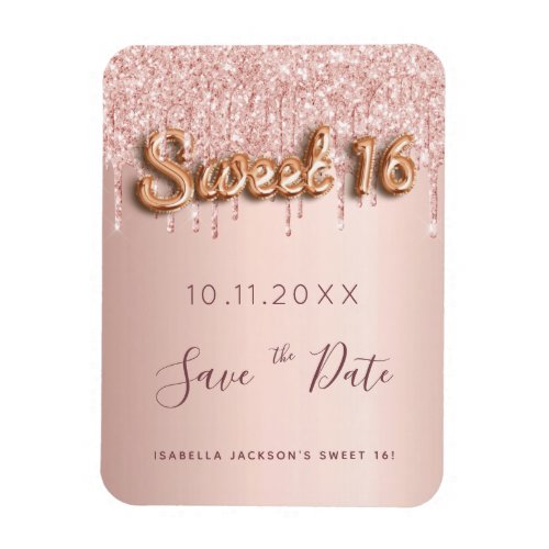 Sweet 16 rose gold glitter pink 16th save the date magnet