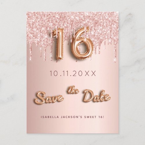 Sweet 16 rose gold glitter pink save the date announcement postcard
