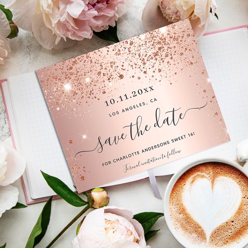 Sweet 16 rose gold glitter save the date