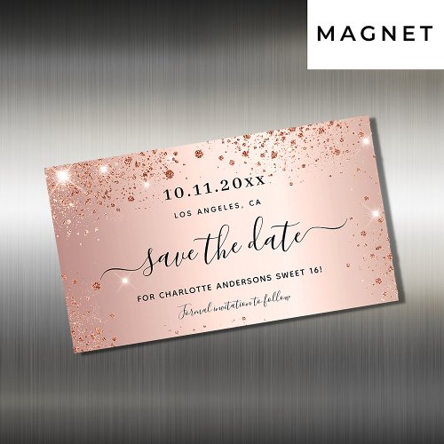 Sweet 16 rose gold glitter save the date magnet