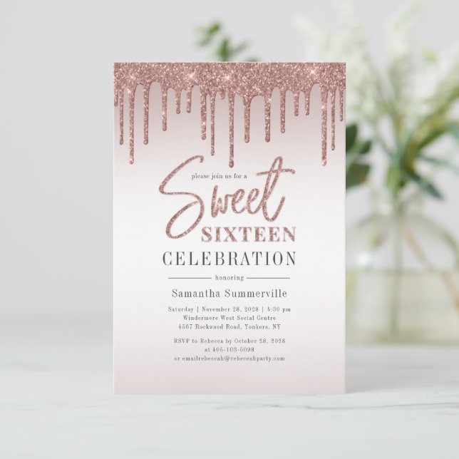 Sweet 16 Rose Gold Glitter Script Birthday Party Invitation (Standing Front)